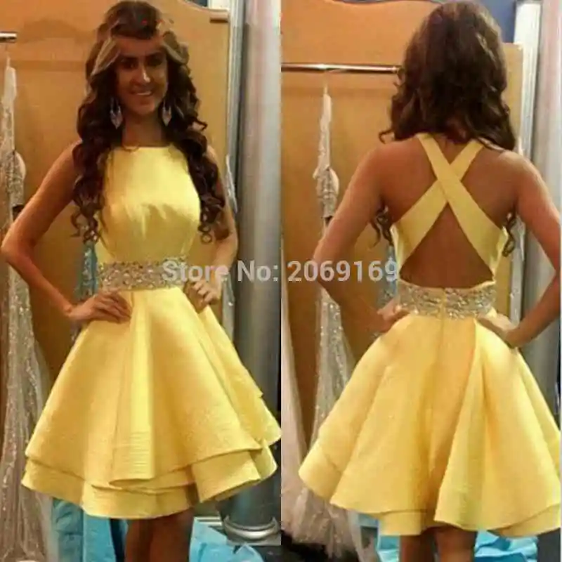 New Yellow 2020 Short Cocktail Graduation Dresses Beaded Belt A-line Prom Gown Satin Open Back Custom Made Robe De Soiree