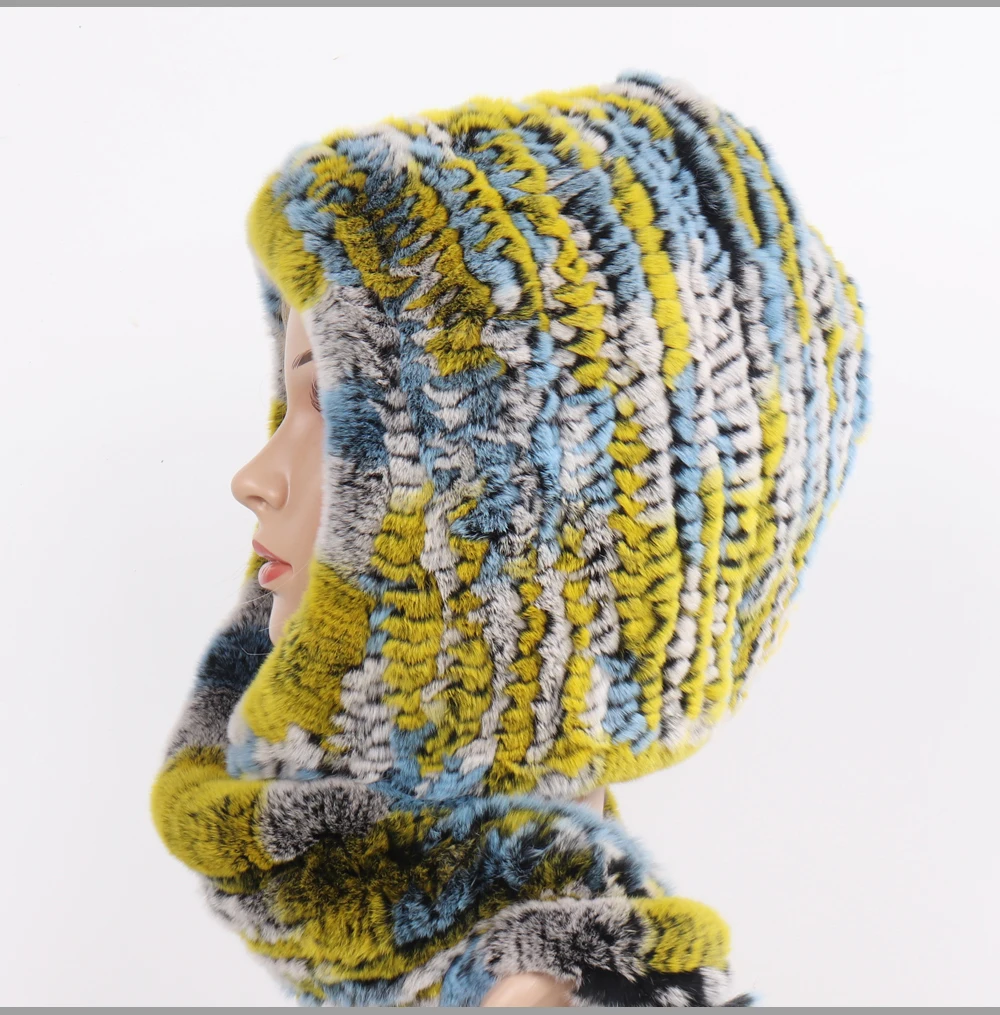 Новинка, Зимняя женская шапка из натурального меха+ шарфы, Женский вязаный натуральный мех кролика Рекс, шарфы с капюшоном, теплые вязаные шапки из натурального меха, шарф