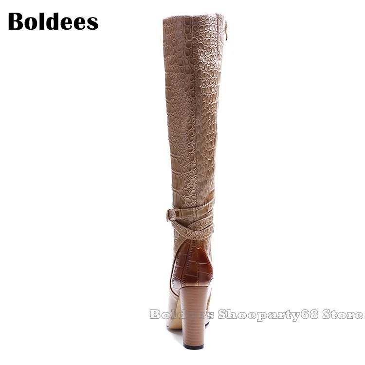 Laddiator Zapatos Mujer 10cm Heeled Alligator Pattern Round Toe Belt Buckle Winter Knee High Boots For Women
