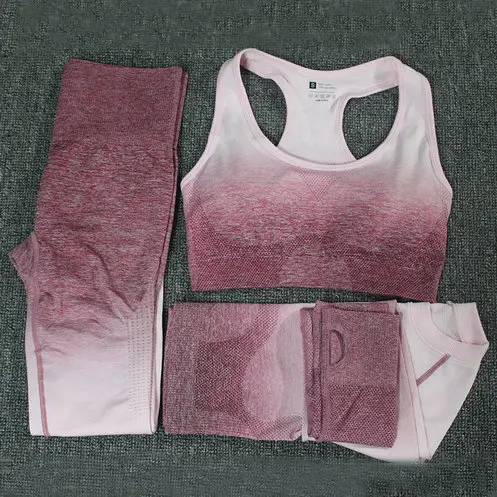 Rose red Комплект из 3 предметов для йоги, бесшовные леггинсы с эффектом омбре, спортивный бюстгальтер, укороченный Топ с длинным рукавом, женская одежда для бега, тренажерного зала, одежда с высокой талией, спортивный костюм для фитнеса - Цвет: Rose red