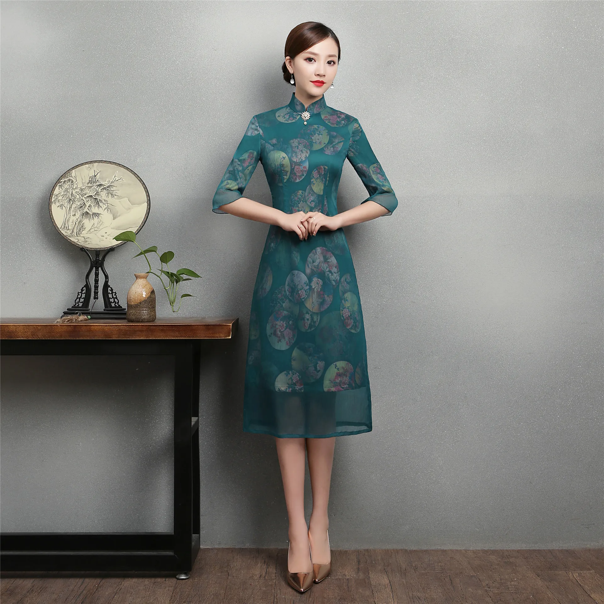 

2018 Fashion Cheongsam Chinese style Mandarin Collar Dress Womens Summer Chiffon Qipao Slim Party Dresses Vestido