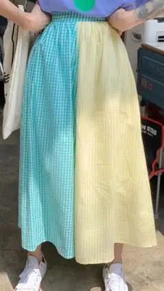 yellow green skirt Высокая талия лоскутное блок контрастный карамельный цвет полосатый Boho Kawaii милая Лолита Mori девушка Корейская длинная юбка миди Маргаритка/Топ/рубашка - Цвет: yellow green skirt