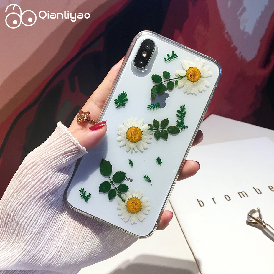 Qianliyao Real Dried Flower Phone Case For iPhone 11 Pro Max X Xr Xs Soft TPU Green leaf Back Cover for 7 8 Plus |