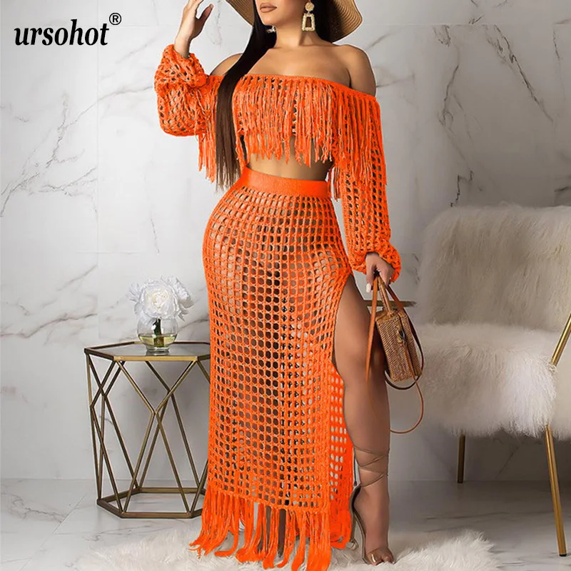 Ursohot Sexy Off Shoulder Long Sleeve Maxi Dress 2 Piece Set Women 2019 Summer High Split Transperant Beach Plus Size 3XL | Женская