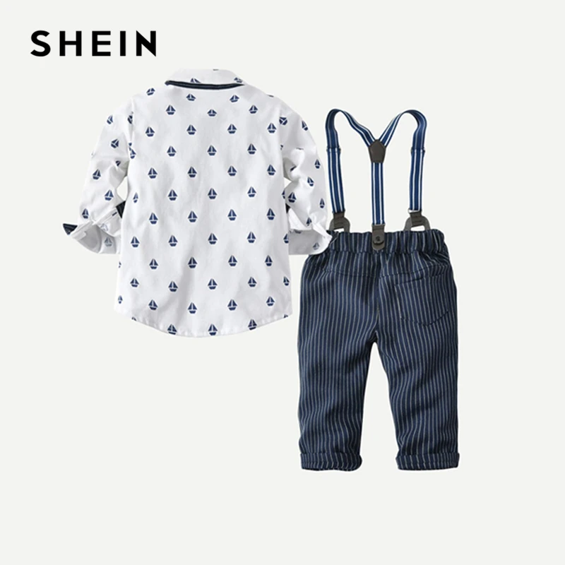 SHEIN/консервативная рубашка с принтом для маленьких мальчиков; комбинезон в полоску; комплект из двух предметов; коллекция года; Весенняя детская одежда с длинными рукавами на пуговицах для мальчиков