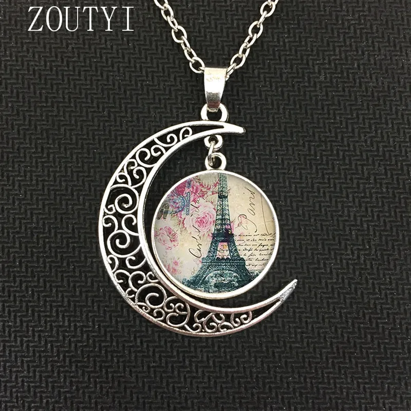 Silver /модное горячее очарование Эйфелева башня Луна Хрустальное вогнутое круглое ожерелье ювелирные изделия, ожерелье из Парижа - Окраска металла: Silver