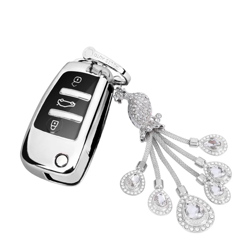 

New 3 Button Soft TPU Car Remote Key Fob Cover Case For Audi A3 8L 8P A4 B6 B7 B8 A6 C5 C6 4F RS3 Q3 Q7 TT Phoenix crystal chain