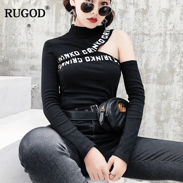 Black RUGOD, осенняя женская футболка с открытыми плечами, модная, длинный рукав, с буквенным принтом, тонкая футболка, повседневные топы, футболки, пуловеры, блузы - Цвет: Black