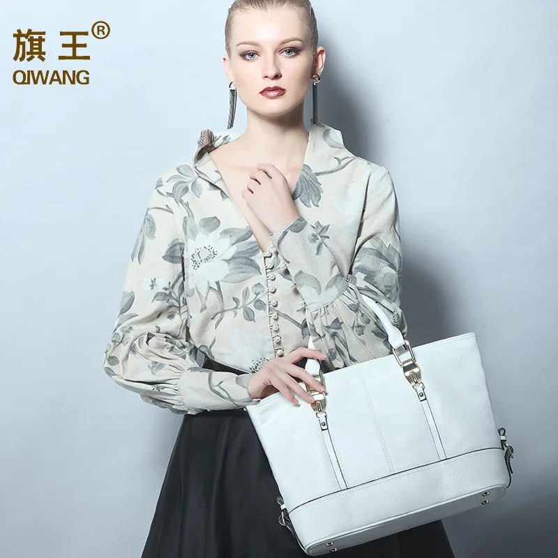 Женская сумка Qiwang большая белая из натуральной кожи 2019|leather tote bag|genuine leather bagbrand bag |