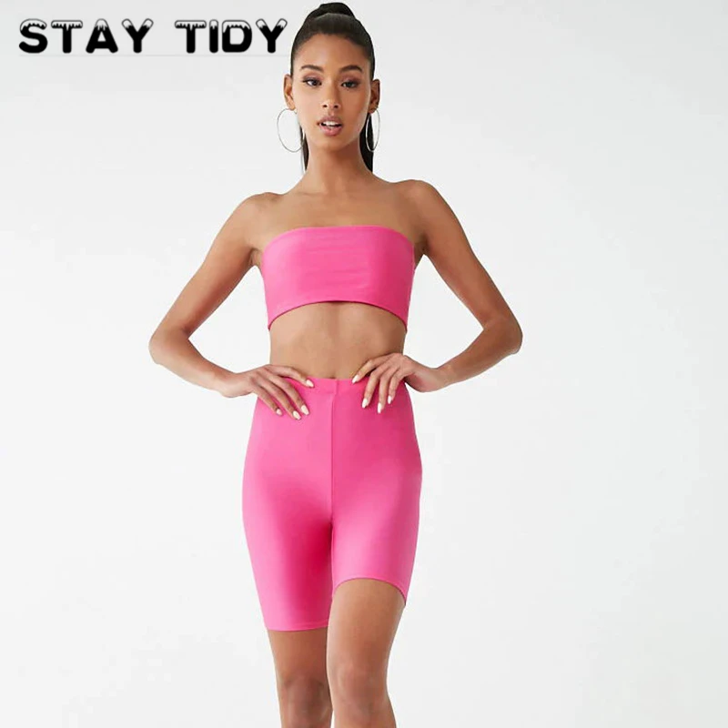 STAY TIDY Sexy Solid Strapless Tube Top And High Waist Shorts 2 Piece Set Summer Women Fashion Sporting Workout Stretchy Suit | Женская