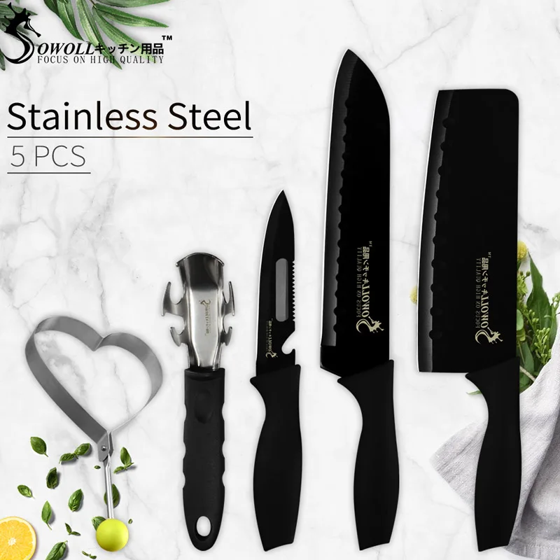 Type 1 Sowoll Нержавеющая сталь разделочная Nakiri Santoku Многофункциональный кухонный нож мульти-функциональное блюдо зажим с завязкой сзади; пресс-форм Кухня 5 шт./компл - Цвет: Type 1