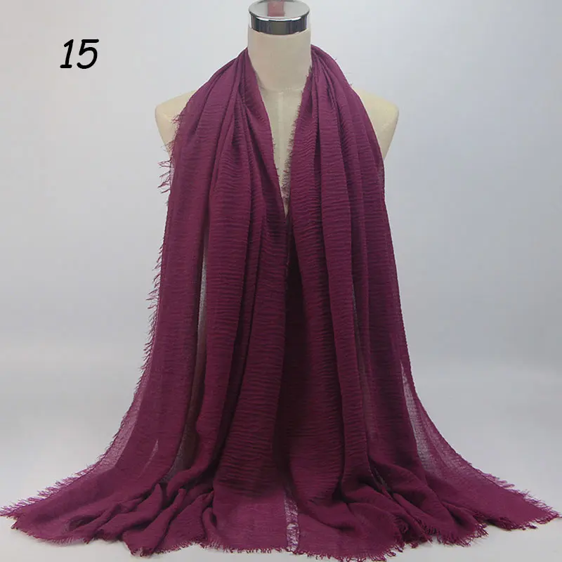 15 Purple Red Scarf Sparsil Весенний хлопковый женский шарф Одноцветный мнущийся Ретро шарф с короткими кисточками 180 см Большие шали мусульманские женские хиджабы - Цвет: 15 Purple Red Scarf