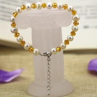 7 8mm natural white thread pearl beads strand bracelet for women yellow crystal charms diy fashion bangle jewelry 7 5inch b3119