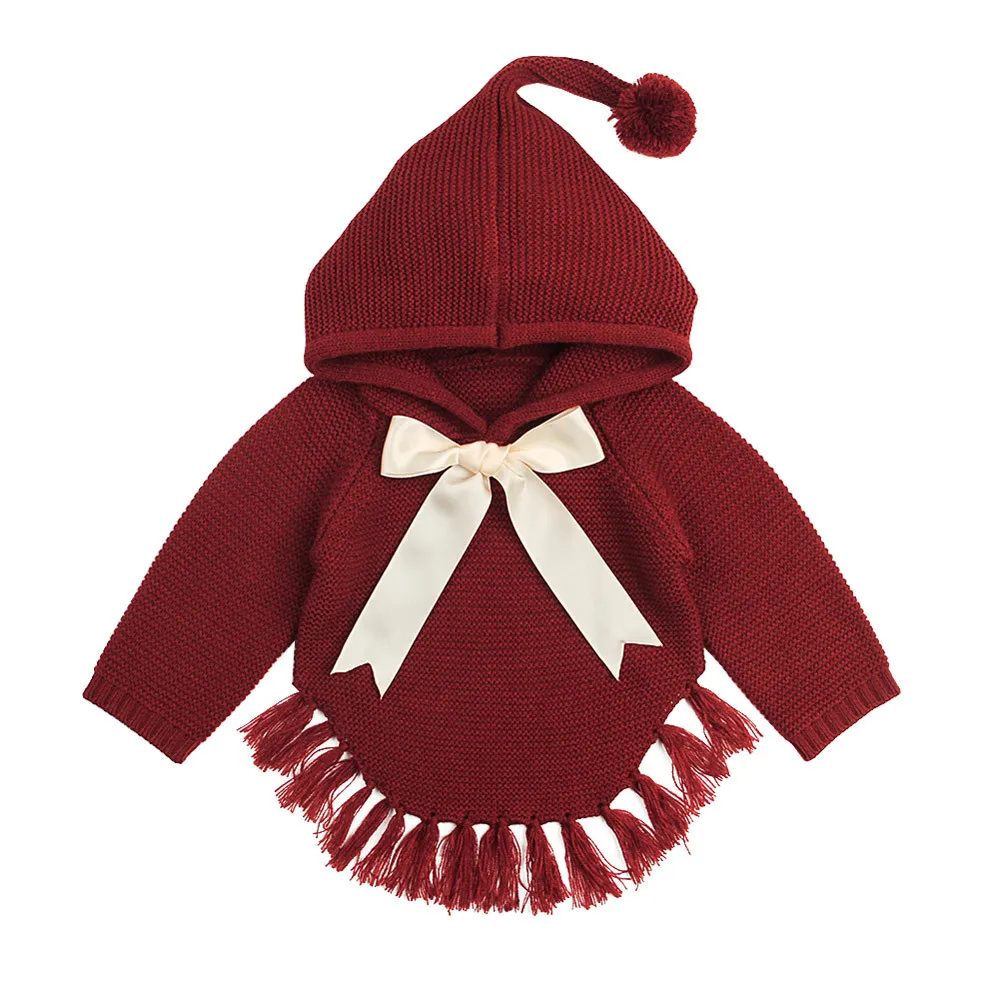Red Winter Newborn Red jacket Infant Baby Boys Girls Bow Tassel Knitted Long Sleeve Hooded Tops Sweater Outfits Fringed hooded - Цвет: Red