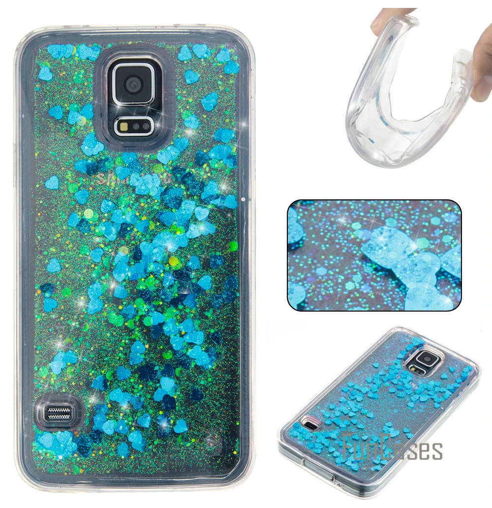 Динамический с блестками и жидкостью PU кожаный флип чехол для coque samsung S5 SV i9600 fundas
