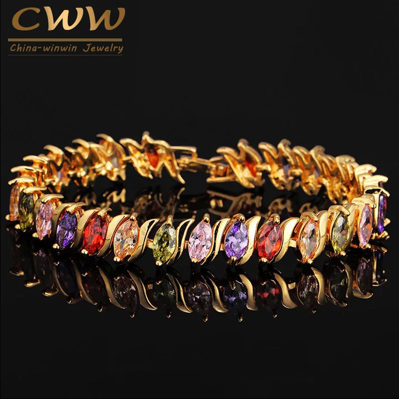 CWWZircons Top Quality Oval Shape Crystals Paved Yellow Gold Color Women Tennis Bracelets With Multi Colored Zircon Stone CB168|tennis