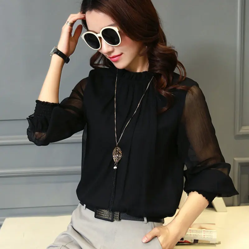 Новинка Blusas Mujer Moda, зима-осень, блузки, рубашки, одежда для работы, офисные топы, женские рубашки с длинным рукавом, шифоновая блузка, Женский Топ - Цвет: Черный