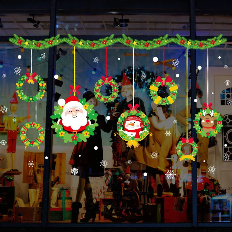 

Cartoon Santa Claus Snowman Evergreen Bough Wreath Wall Stickers For Office Shop Home Decoration Christmas Festival Wall Decals