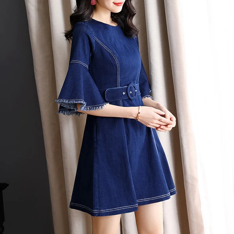 2019 Spring Fashion Retro Burr O-Neck Women Denim Dress Slim Casual Sashes Cowboy Jeans A-Line Mini Dresses Vestidos HJ02 | Женская