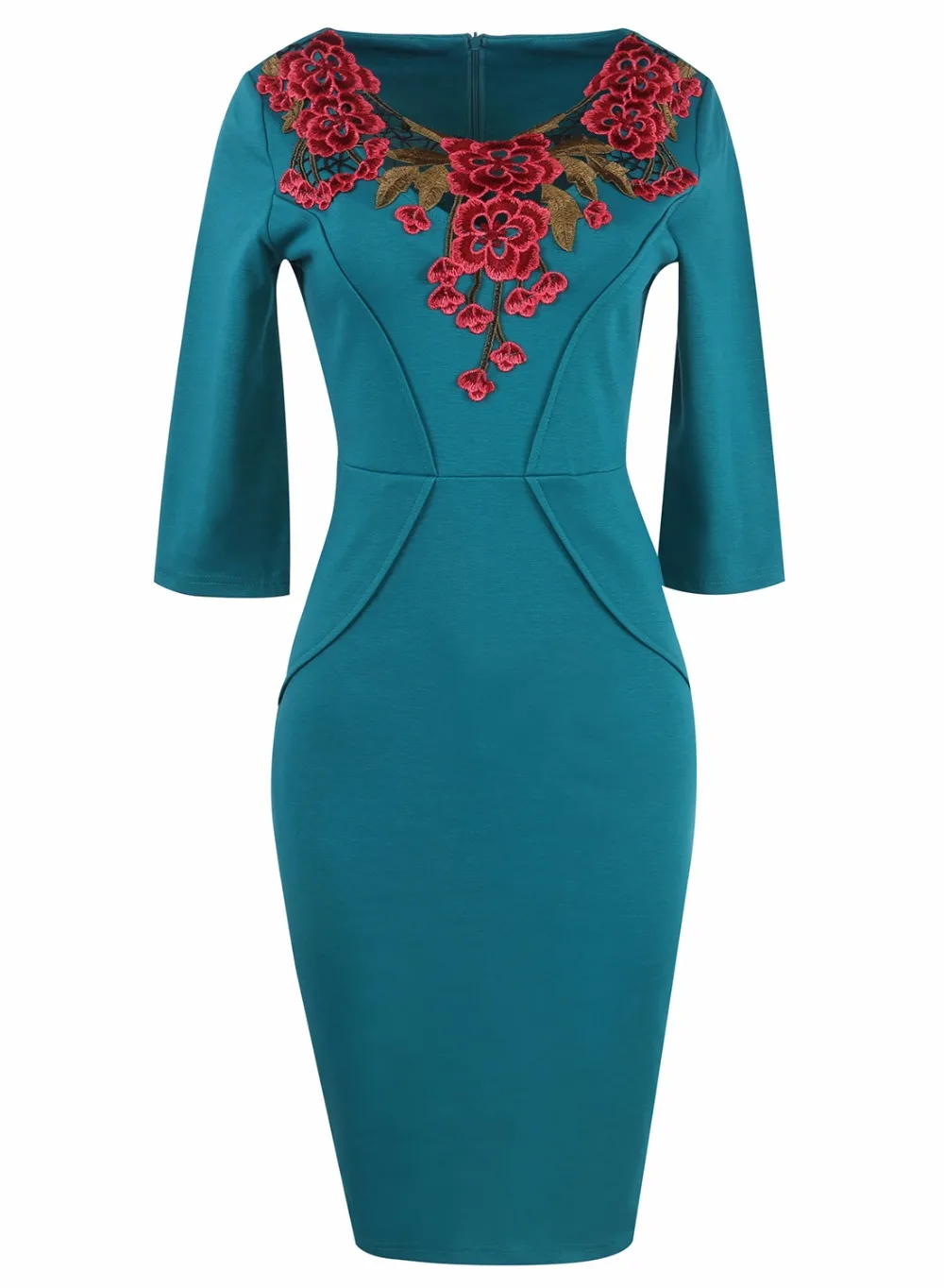 Ретро Вышивка крючком Floral Sheath Dress 2017 женская обувь Bodycon зеленый социальных