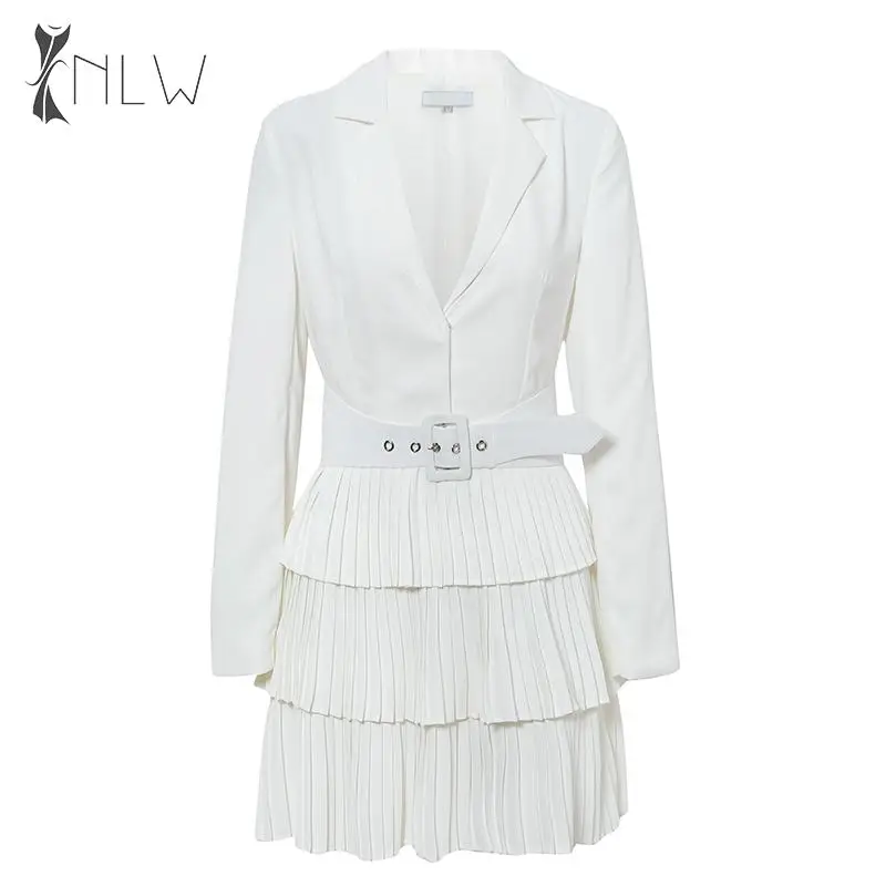 NLW White Blazer Dress 2019 Autumn Winter Belt Pleated Short Elegant Long Sleeve V Neck OL Vestidos | Женская одежда