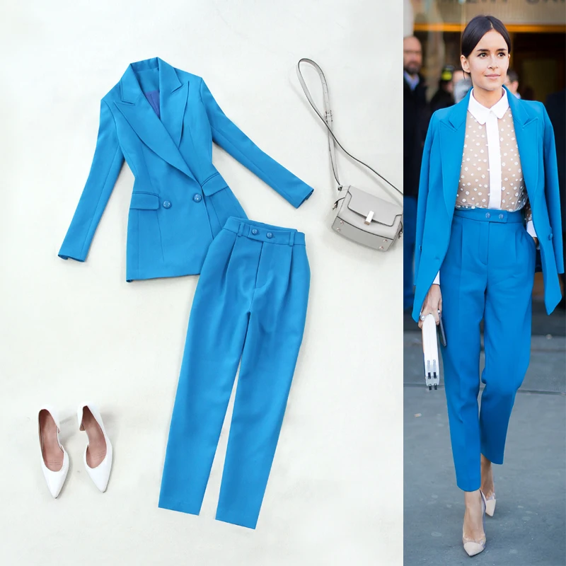 Women's suit new fashion 2 sets of temperament lake blue Slim double-breasted suit + high waist feet pants elegant two-piece