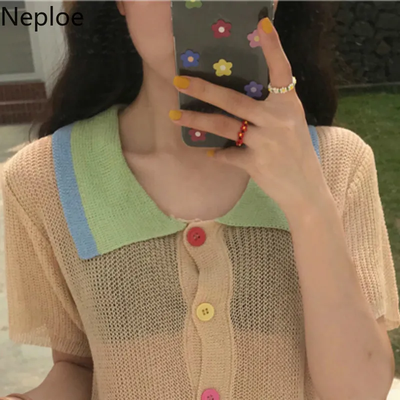 Neploe трикотажные шелковые женские футболки лето 2019 корейский отложной воротник
