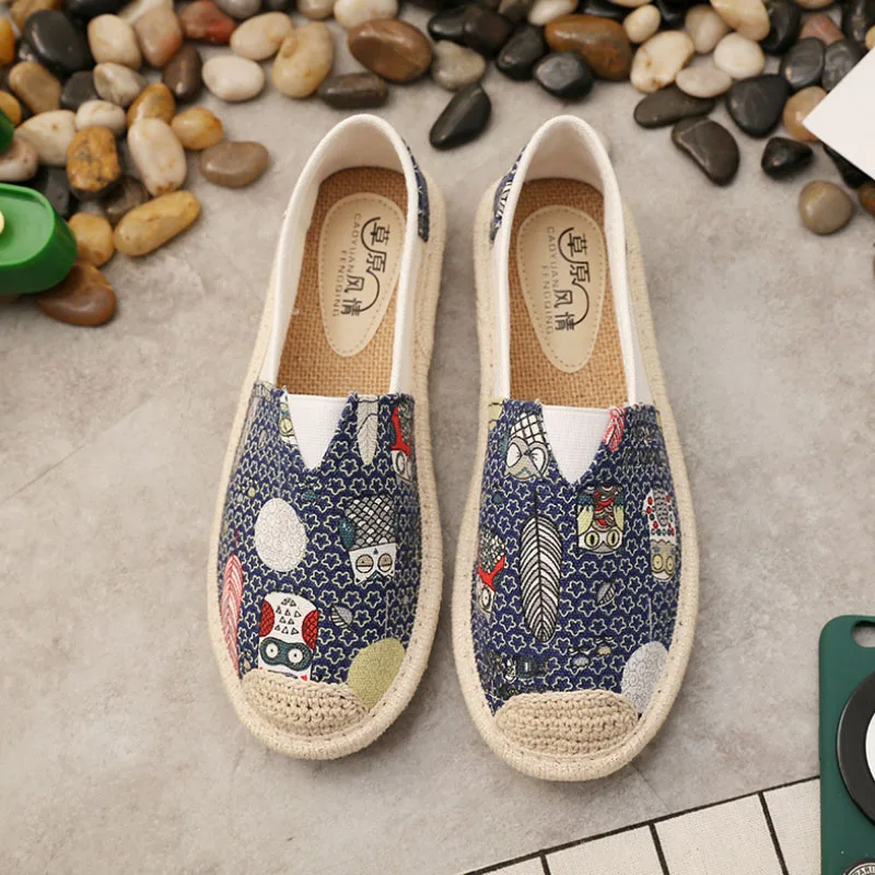 summer women's flat shoes breathable graffiti canvas linen women espadrilles non-slip casual white sneakers ballet flats - Цвет: Blue feather