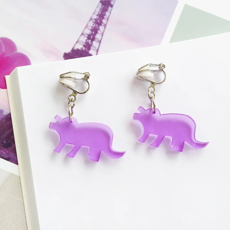 purple clip С милым японским аниме акриловые Животные Динозавр Детские клипсы без пирсинга мультфильм не зажимы с отверстием на серьги для девочек - Окраска металла: purple clip