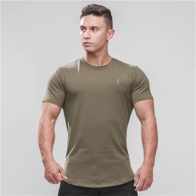 army green Модная футболка с принтом, мужская хлопковая дышащая футболка с коротким рукавом для фитнеса, футболка для тренажерного зала, облегающая Повседневная летняя футболка - Цвет: army green
