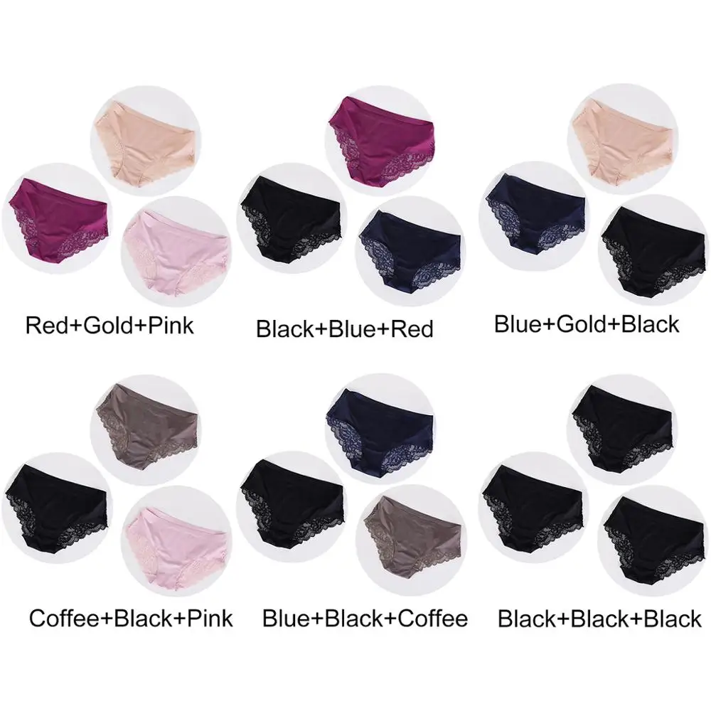 3 Pcs Sexy Underwear Women's Lace Panties Seamless Low Waist Briefs Nylon Silk Breathable Female Cotton Comfortable Lingerie