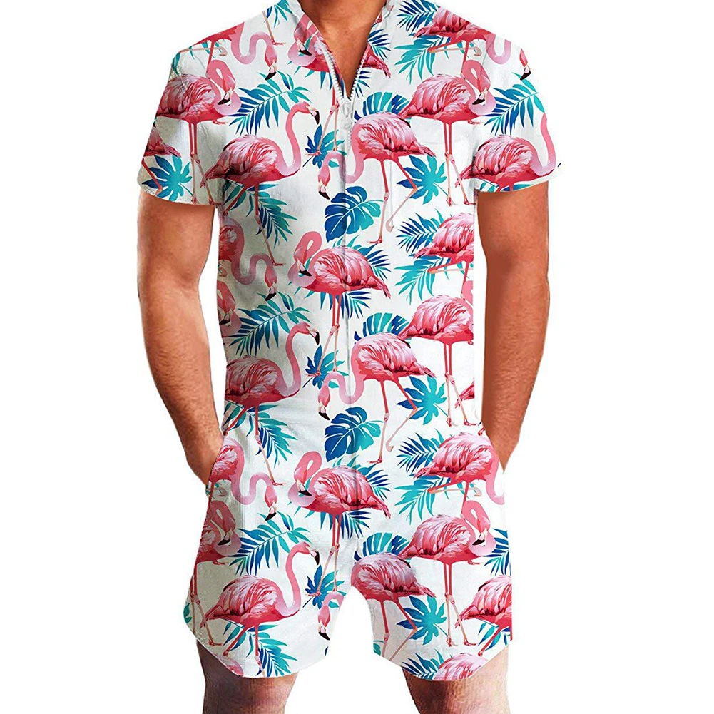 Летний мужской комбинезон на молнии с короткими рукавами и принтом Фламинго