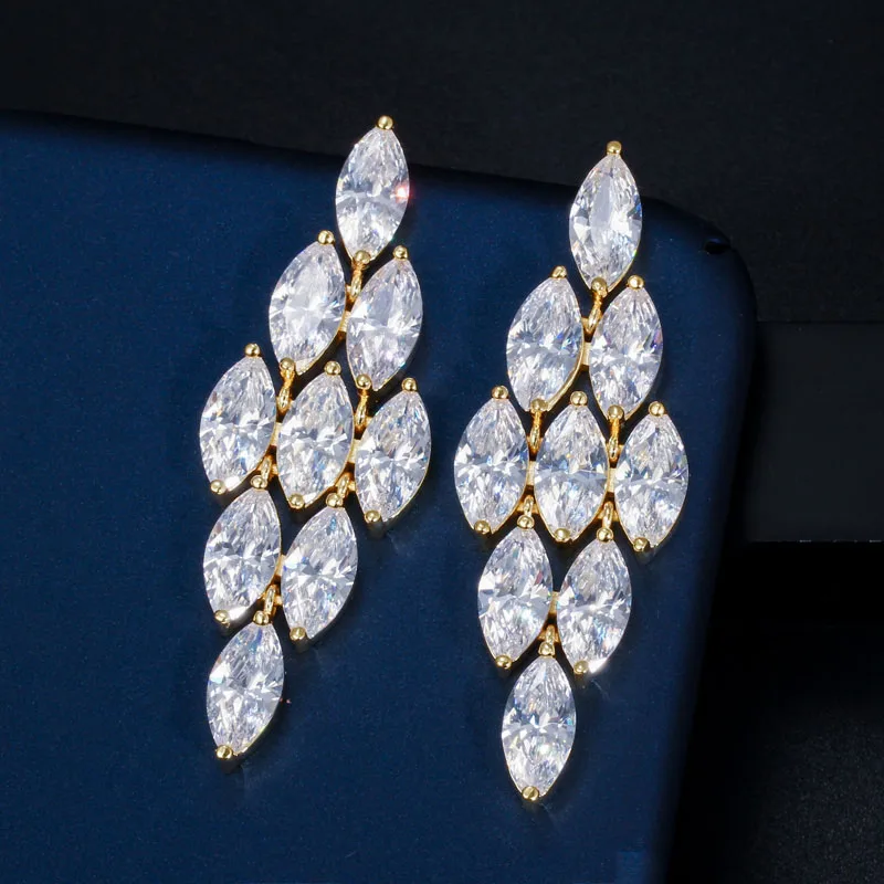 Yellow gold CWWZircons потрясающие серьги Marquise Cut с кубическим цирконием из Дубая золотого цвета длинные большие висячие серьги на свадебную вечеринку для женщин CZ570 - Окраска металла: Yellow gold