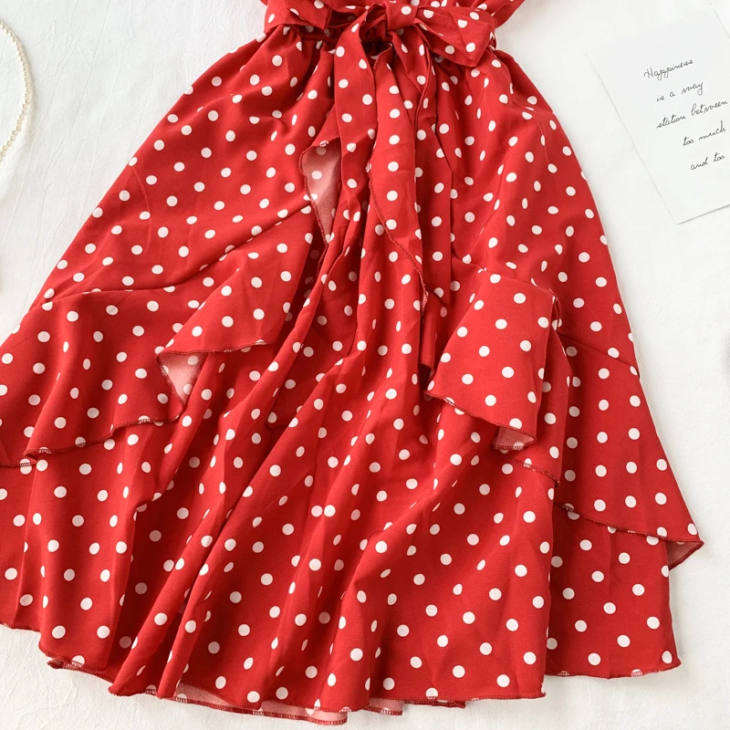 Vintage Polka Dot Print V Neck Ruffles Short Bandage Dress Chiffon Summer Party Women Casual High Waist Beach Dresses