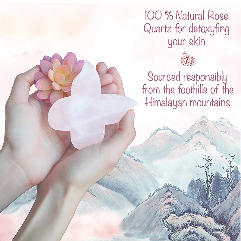 

Natural Rose Quartz Butterfly Gua Sha +Gift Box SPA Acupuncture Scraper Massage Tool Face Back Foot Massage Face Lift