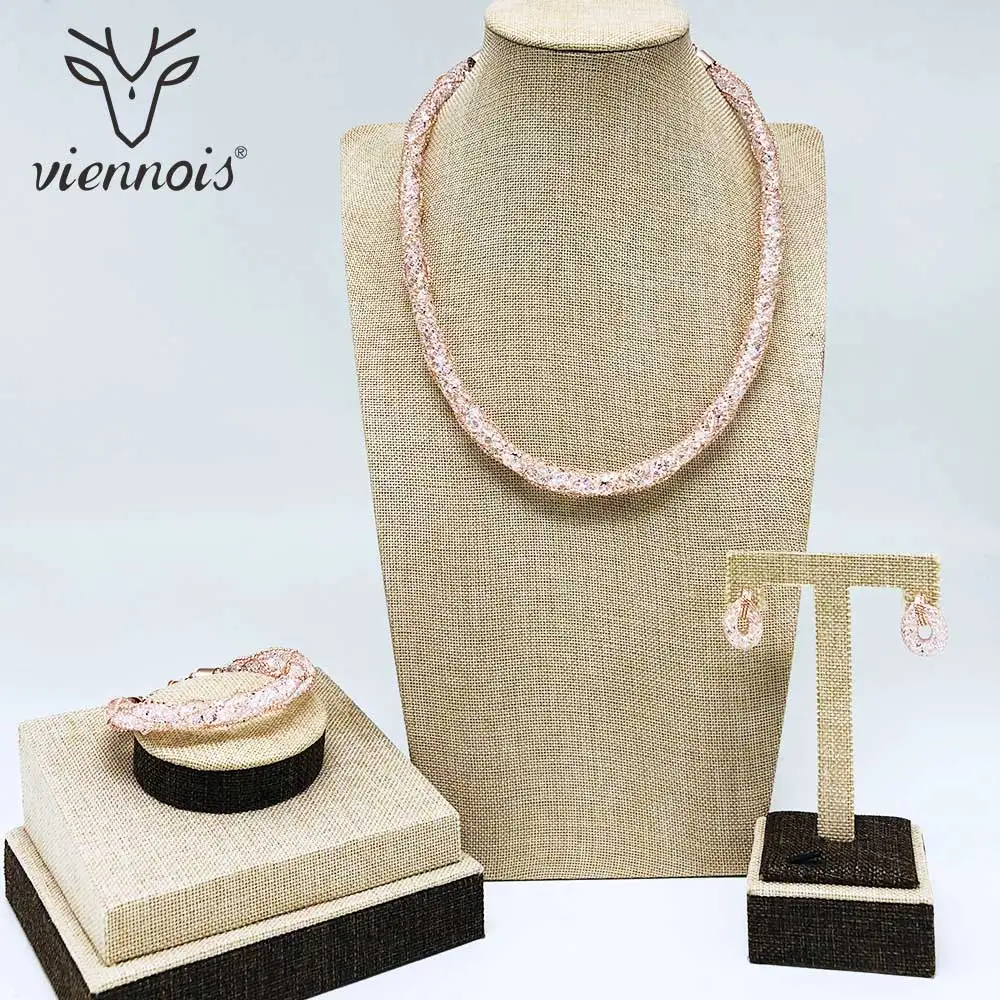 Viennois, новинка, золотой цвет, розовое золото, белые серьги-гвоздики, браслет, колье, ожерелье, набор для женщин, металлические вечерние ювелирные изделия