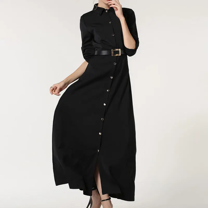 Женское платье макси на пуговицах облегающее в пол с длинным рукавом и поясом