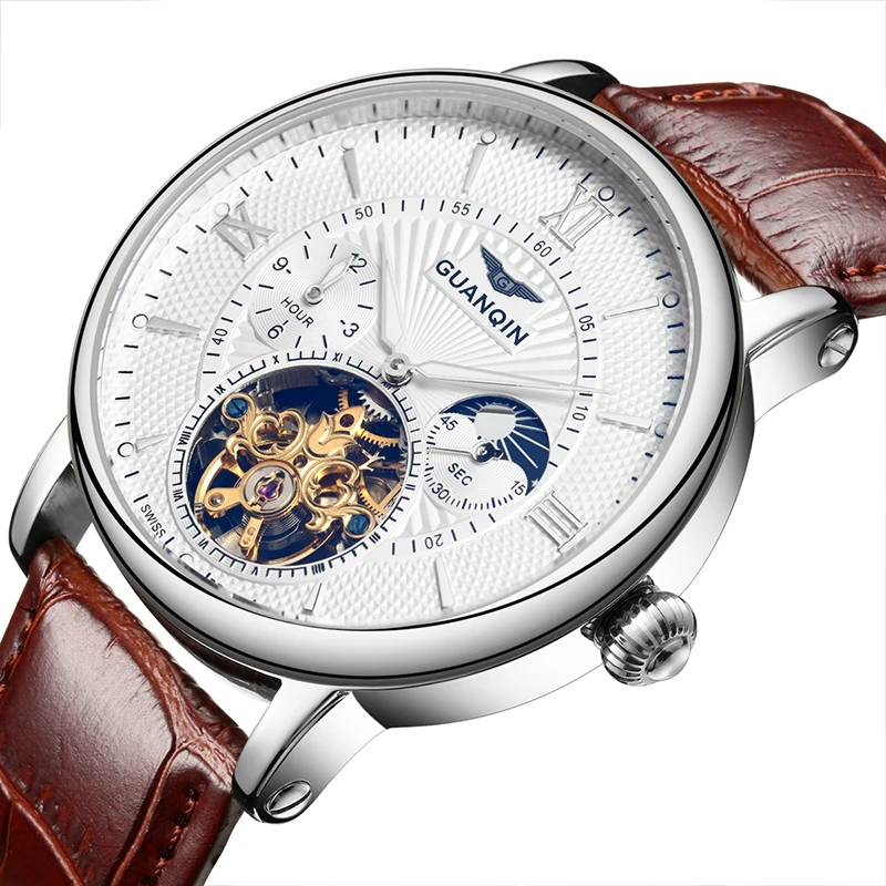 

Guanqin Business Watch Top Brand Luxury automatic watch Men Leather Tourbillon Moon Phase Waterproof Luminous Mechanical watches