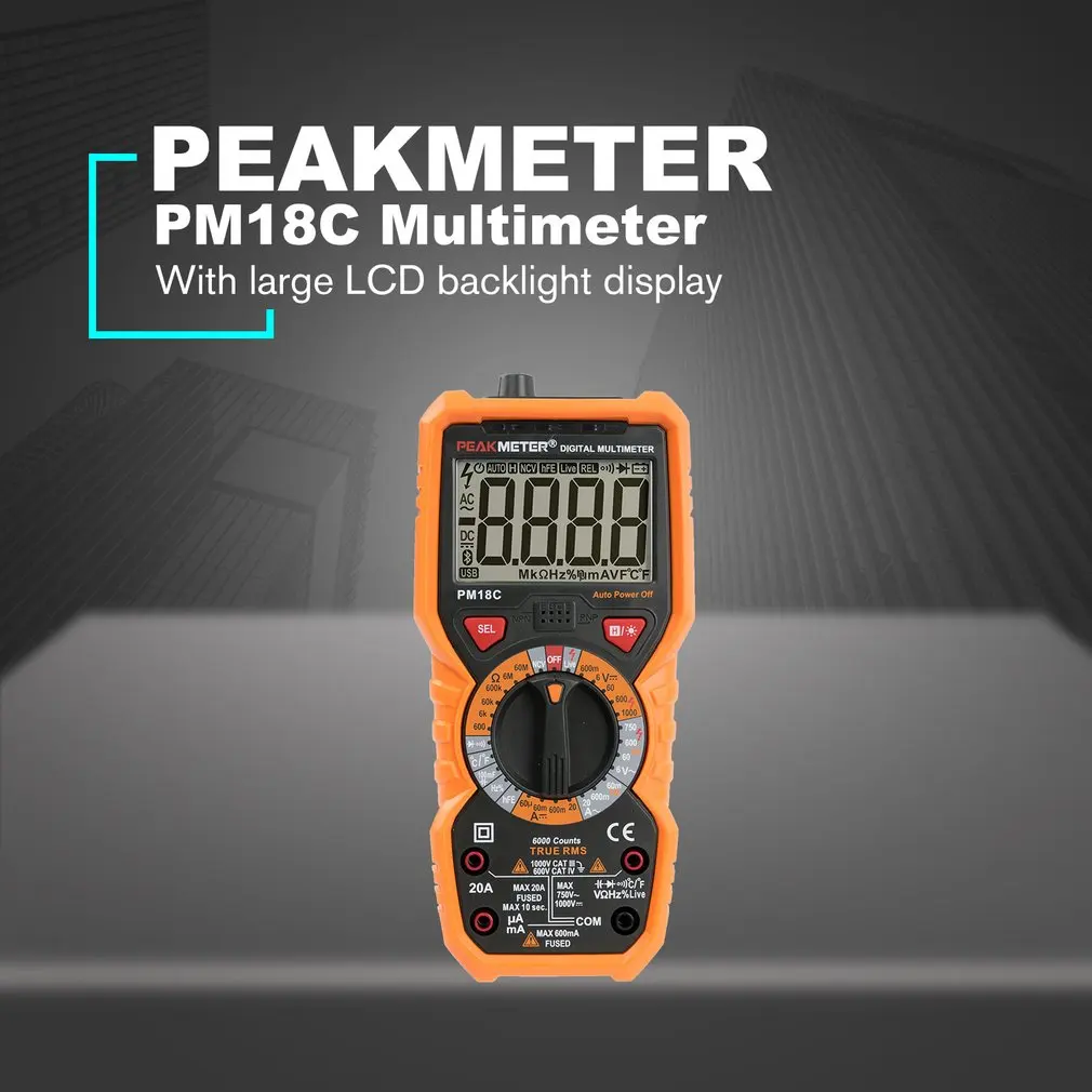 PEAKMETER PM18C 6000 отсчетов Цифровой мультиметр True RMS DC/AC Напряжение Ток Сопротивление