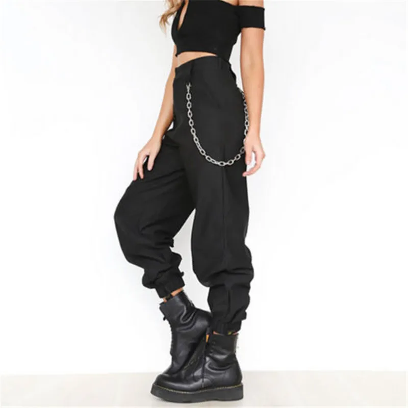 

Black Khaki Women Casual High Waist Cargo Pants Ladies Loose Fashion Solid Trousers Side Pockets Elastic Waist Capris Hot Sale