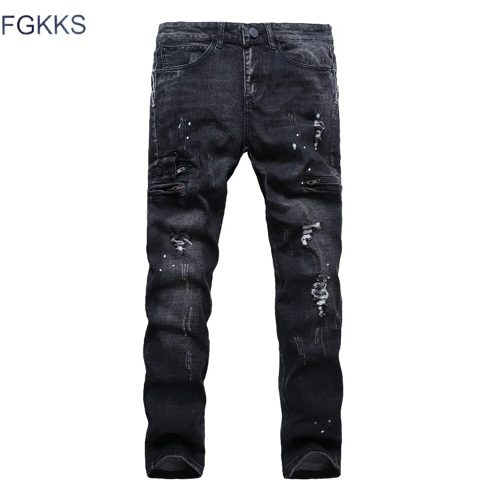 Мужские джинсы FGKKS черные облегающие для мотоциклистов|biker jeans|biker style jeansdistressed black