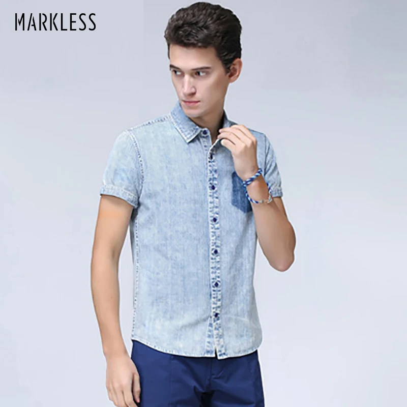 Markless Лето Мужчины С Коротким Рукавом Повседневная Slim Fit Рубашки Чистая хлопок