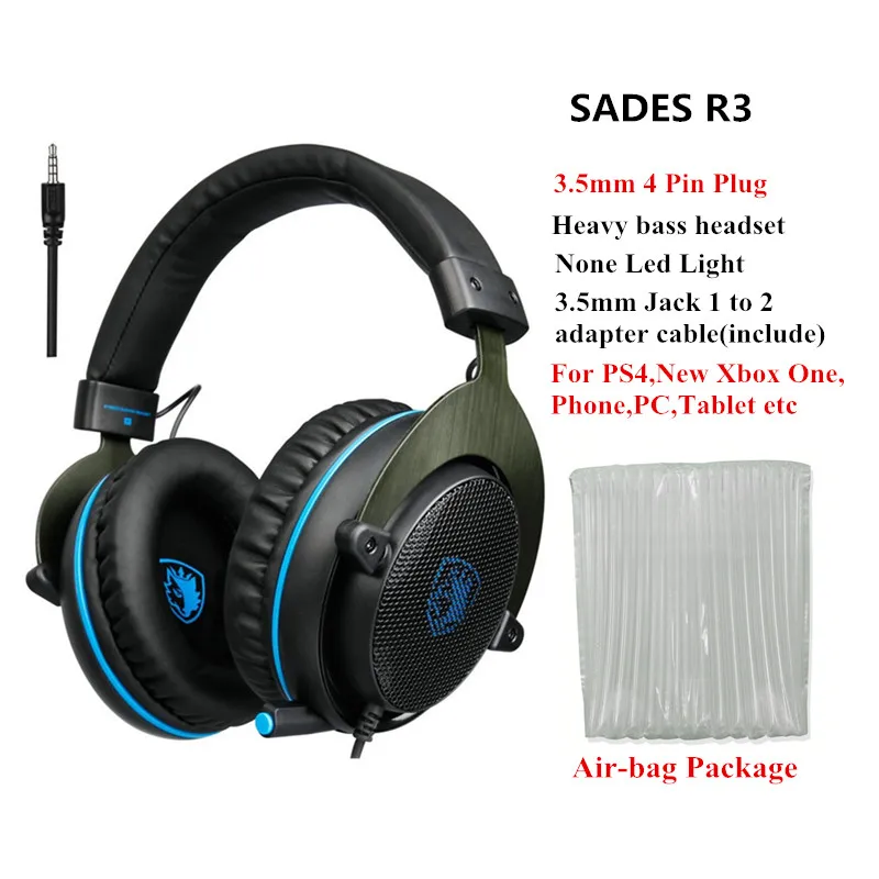 black blue pvc Sades R3 3.5 мм Игровые наушники с микрофоном Hi-Fi Auriculares стерео Бас игры гарнитура для ПК геймера PS4 Xbox One смартфон - Цвет: black blue pvc