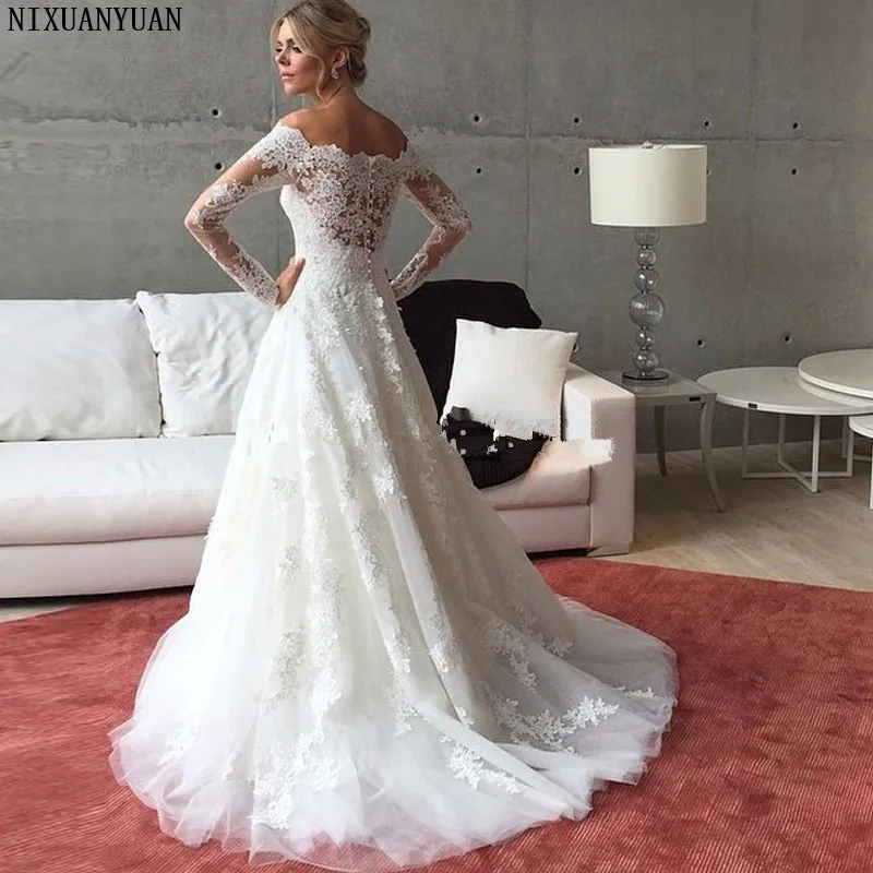 Vestido De Noiva лодочная Шея Кружевная аппликация с бусинами ТРАПЕЦИЕВИДНОЕ свадебное