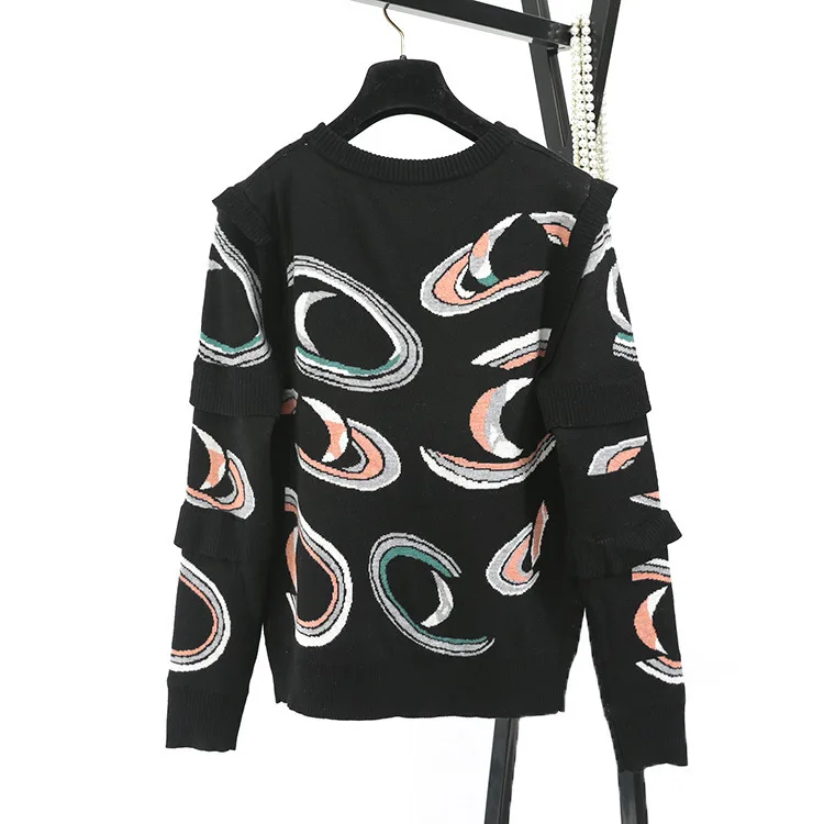 Ordeeson черный с длинным рукавом сращивания жаккард дизайнер Свитеры для женщин Для
