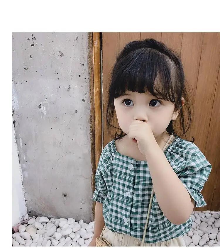 2019 летняя блузка с рукавами фонариками для девочек детская рубашка в клетку