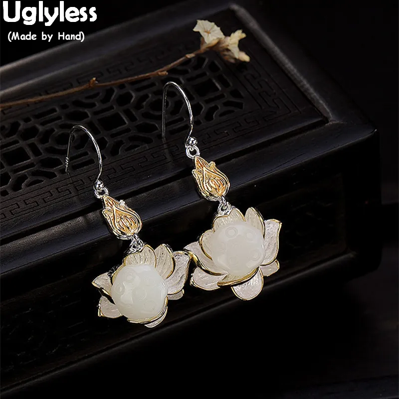 

Uglyless 100% Real 925 Sterling Silver Lotus Earrings for Women Handmade Flower Fine Jewelry Gold Plated Jade Brincos Bijoux