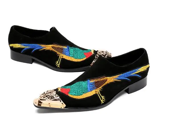 

New Spring Autumn Print Embroidery Loafers Male Wedding Party Dress Oxfords with gold metal toe