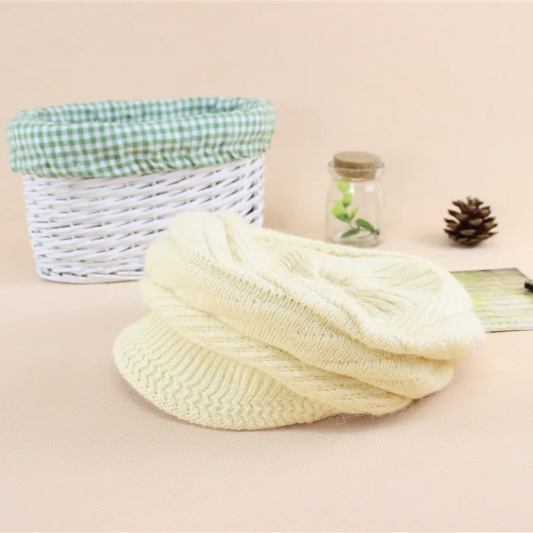 Beige Cap Женская вязаная шапка s козырьки Осень Зима Новая однотонная клетчатая теплая шапка с козырьком повседневная женская вязаная шапка для девушек женские шапки Skullies - Цвет: Beige Cap