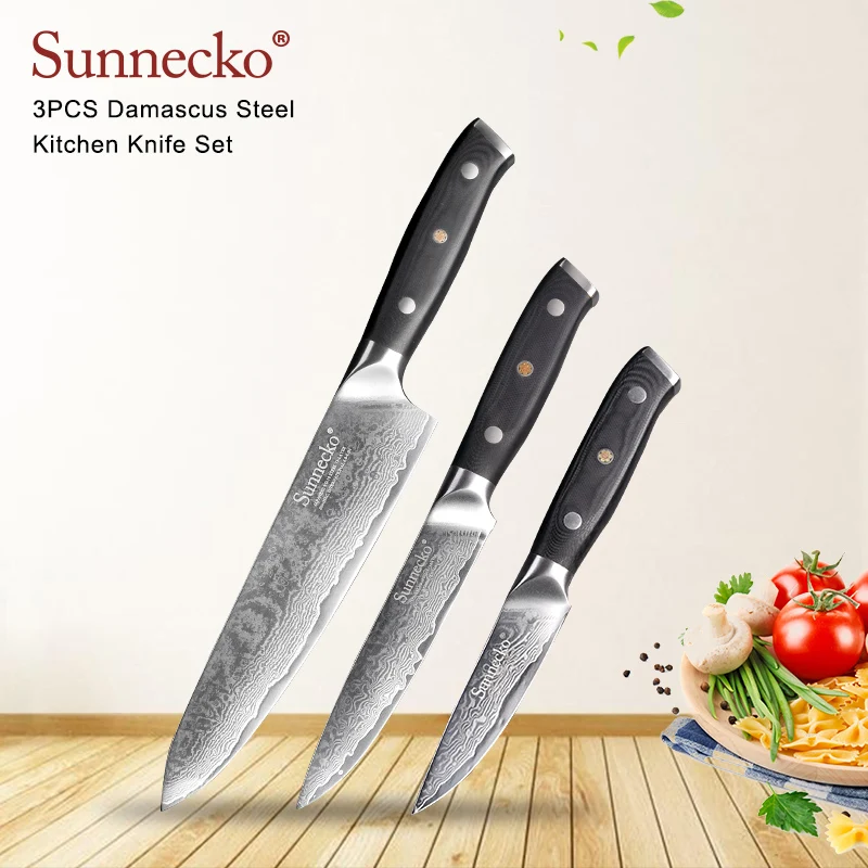 SUNNECKO 3 шт. Кухня Набор ножей Обстрагывая утилита шеф повар Ножи Дамаск японский VG10